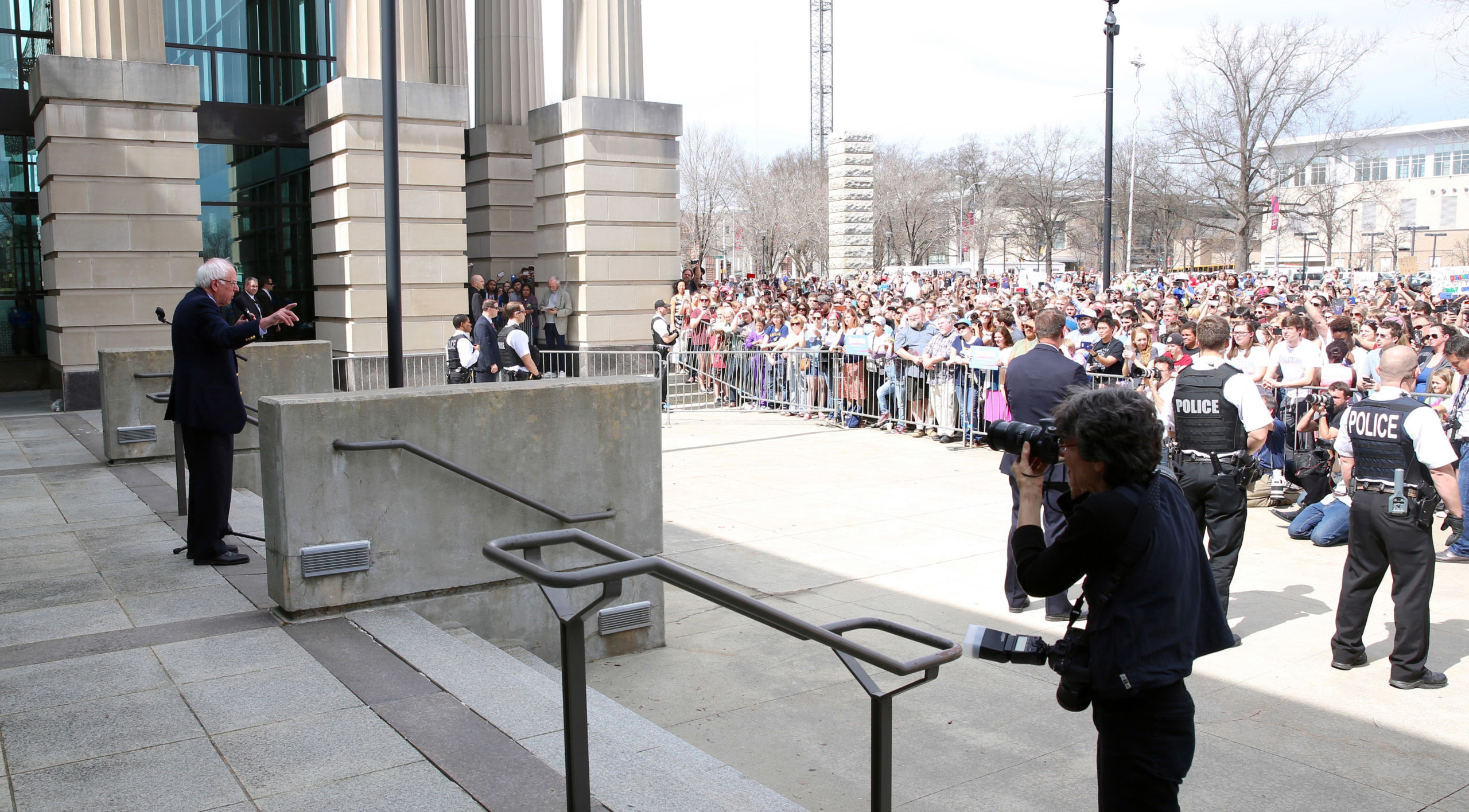 Democratic presidential candidate Bernie Sanders speaks to an overflow crowd outside Raleigh's Memorial Auditorium. (CJ Photo by Don Carrington)
