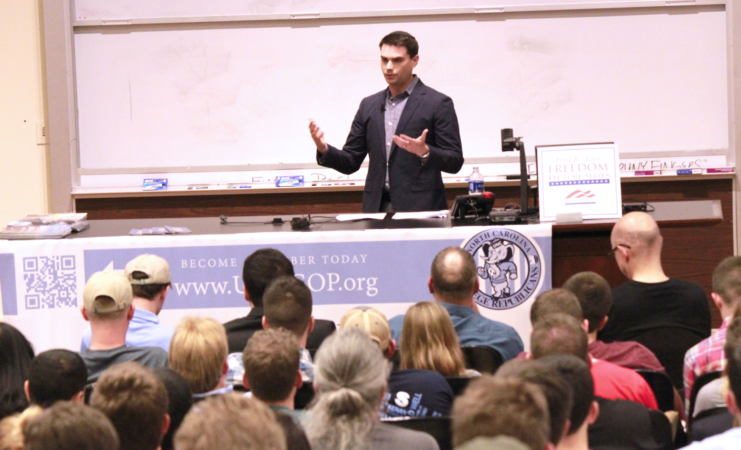 Political commentator and author Ben Shapiro addresses a group of students at UNC Chapel Hill on March 30, 2016. (Photo by Kari Travis)
