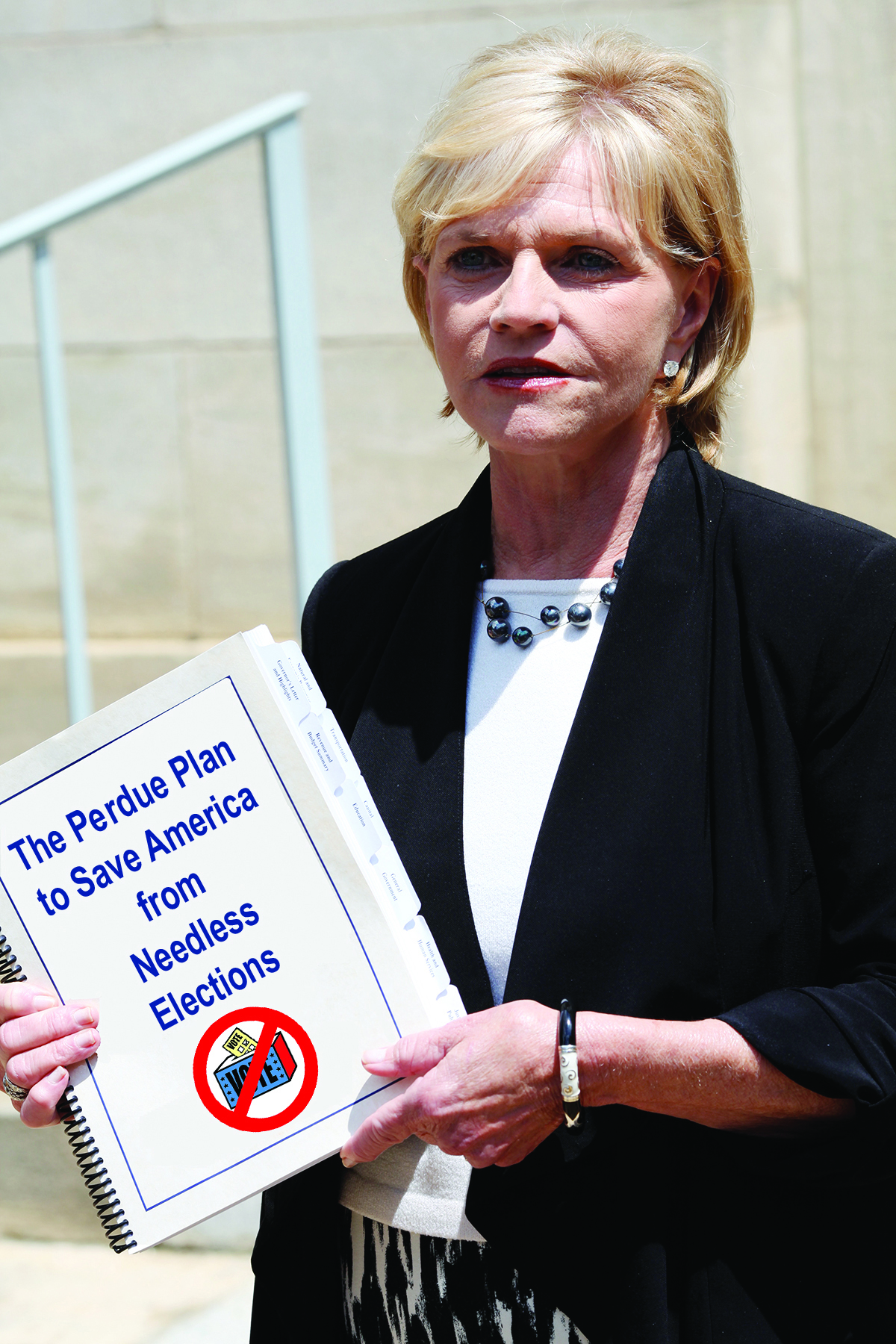 Former Gov. Beverly Perdue unveils her plan to cancel the 2016 elections. (CJ spoof photo)
