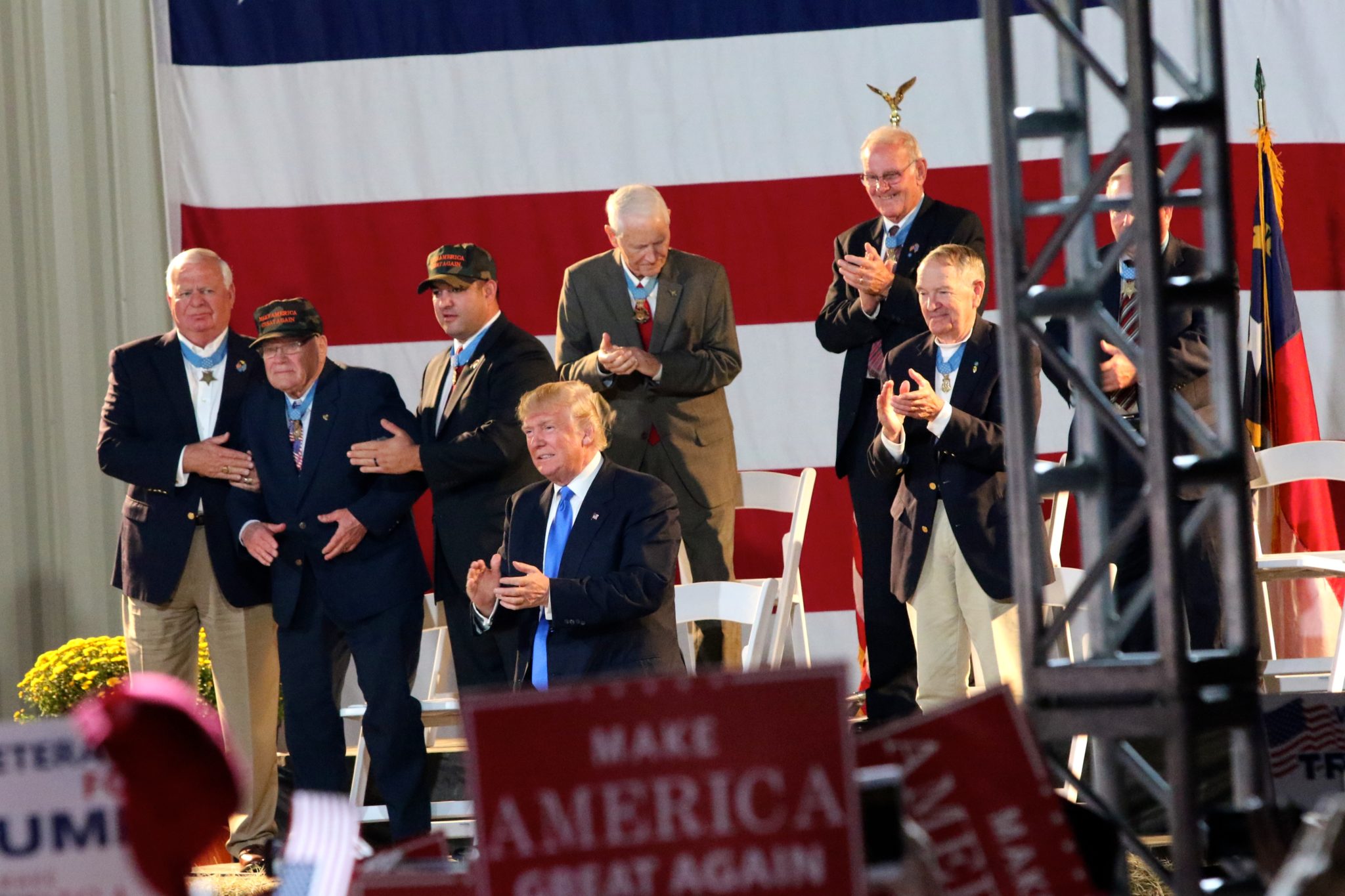 Donald Trump pays tribute to several Congressional Medal of Honor recipients who joined him on stage Thursday night in Selma.