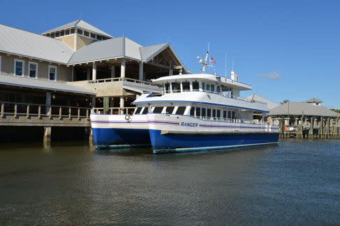 The Bald Head Island Ferry takes passengers for a 20 minute ride from the mainland embarkation point of  Deep Point Marina in Southport, N.C. (baldheadislandferry,com)
