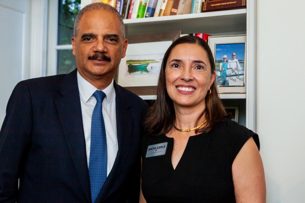 Former attorney general for the Obama Administration, Eric Holder, poses with N.C. Supreme Court Associate Justice Anita Earls. 2018