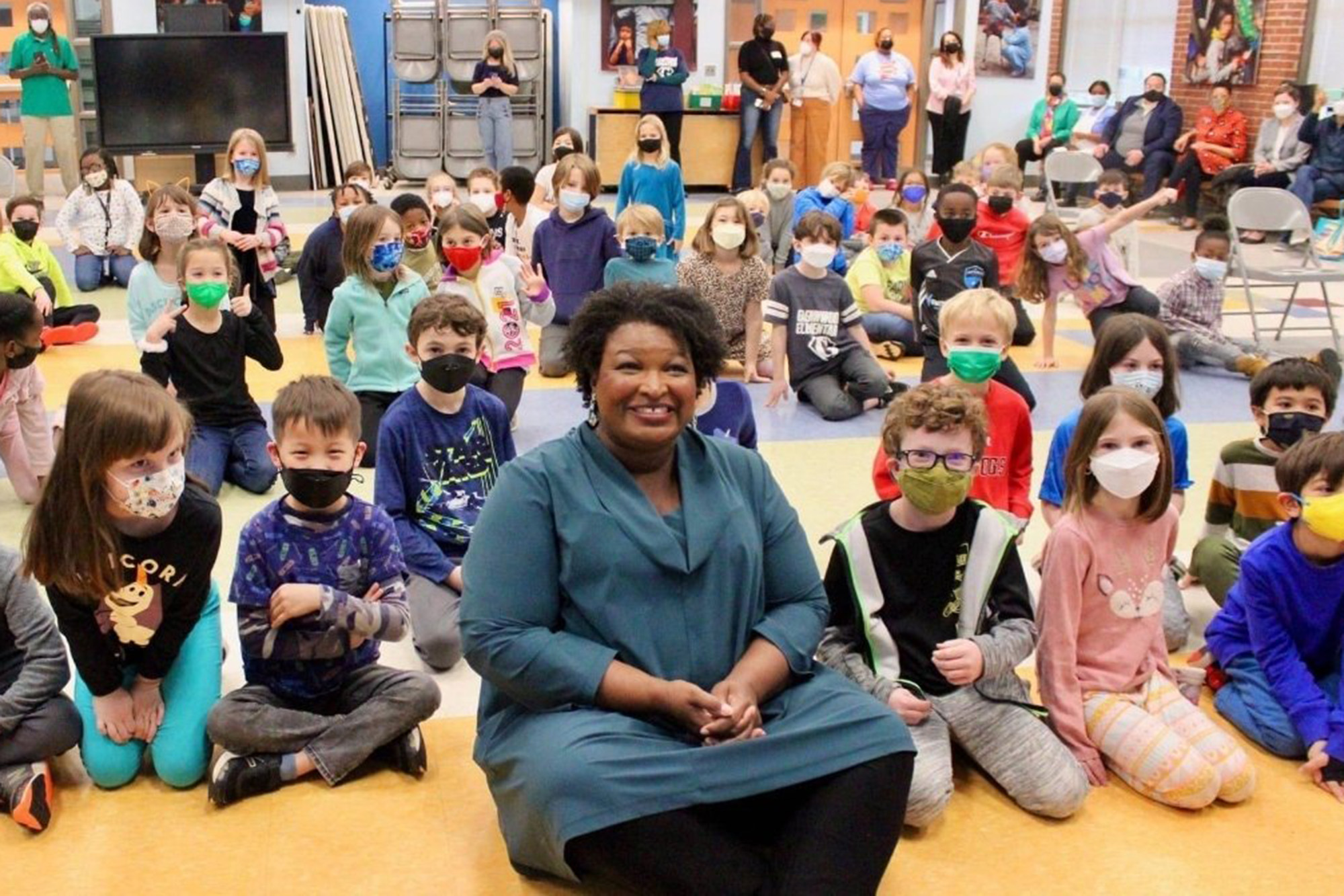 Stacey Abrams appeared maskless in photos alongside elementary school children. Twitter/@staceyabrams