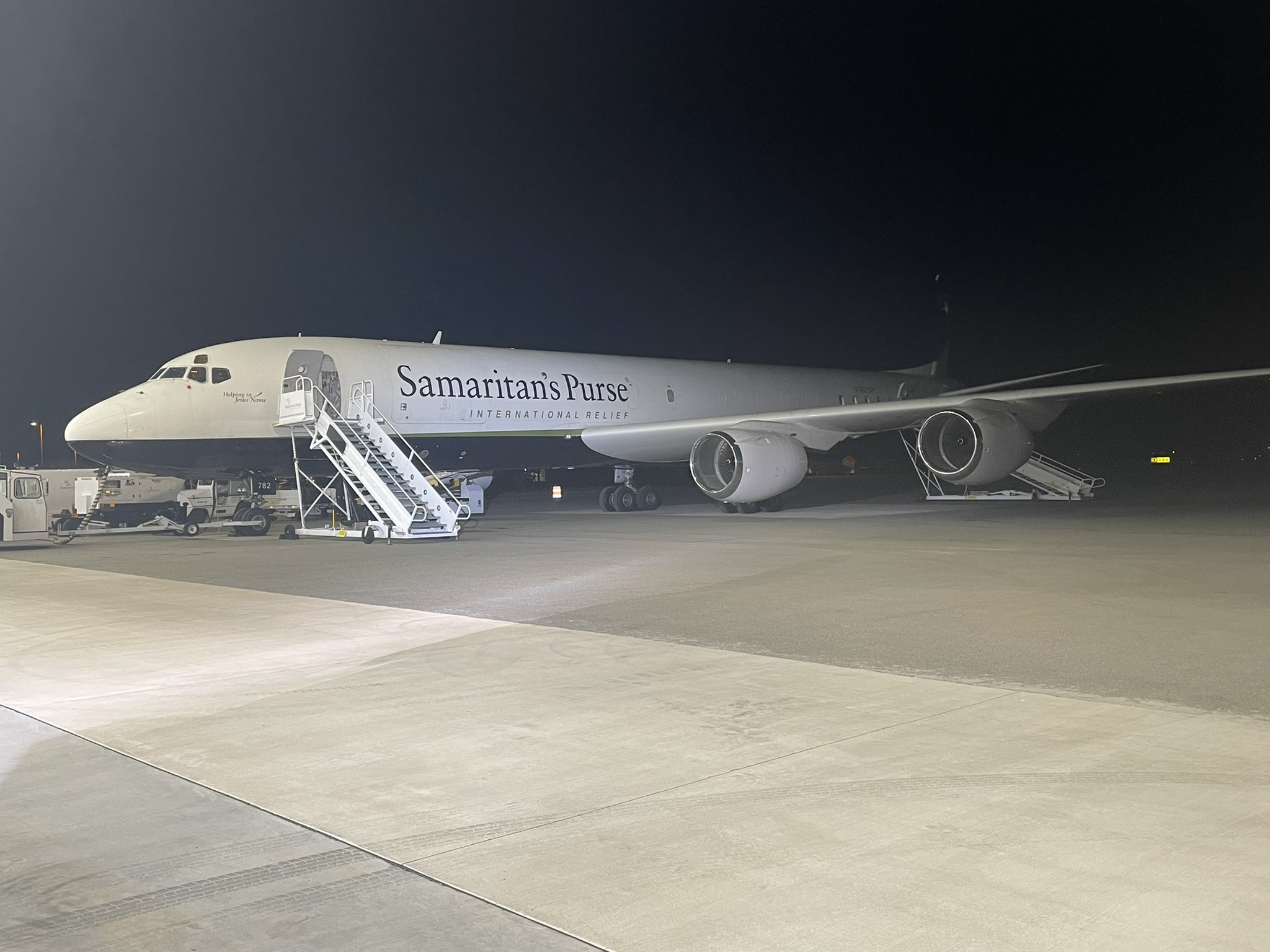 Samaritan's Purse flight is loaded with aid workers and field hospital supplies, Friday, March 4, 2022 in Greensboro, N.C., headed for Poland. via Twitter