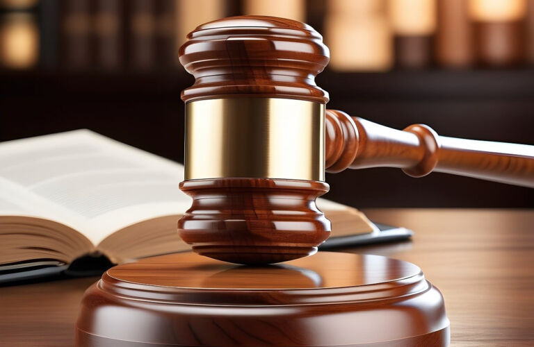 Gavel on desk with law book
