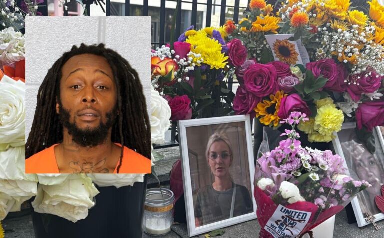 An image of Decarlos Brown Jr.'s mugshot superimposed over a memorial for Iryna Zarutska at the Charlotte lightrail stop where she was murdered. A photo of Iryna is surrounded by flowers.